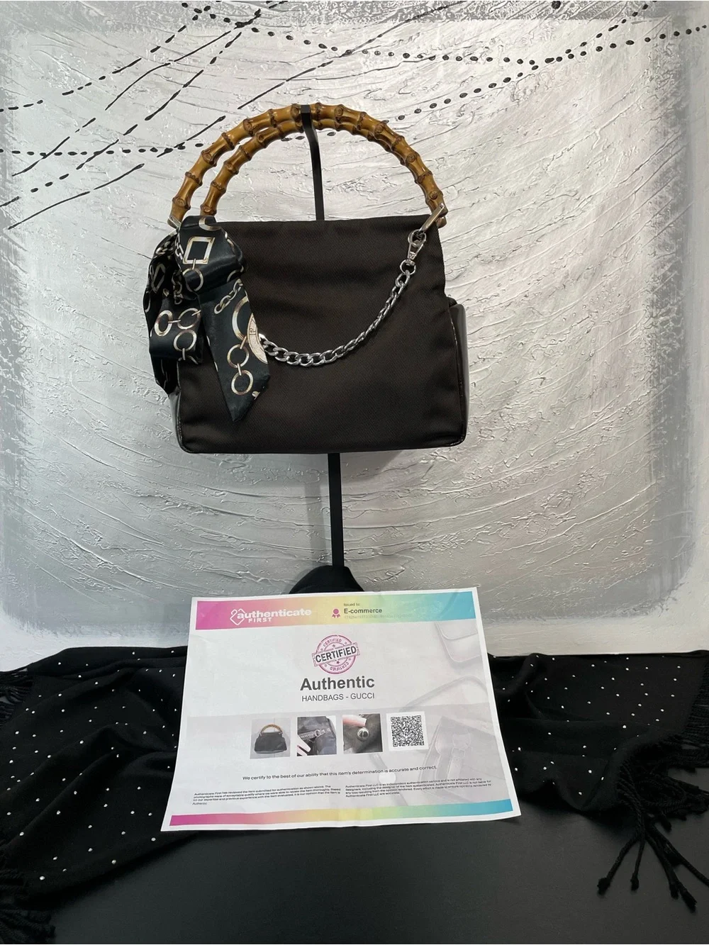 Gucci Dark Brown Handbag with Bamboo handles in nylon and patent leather